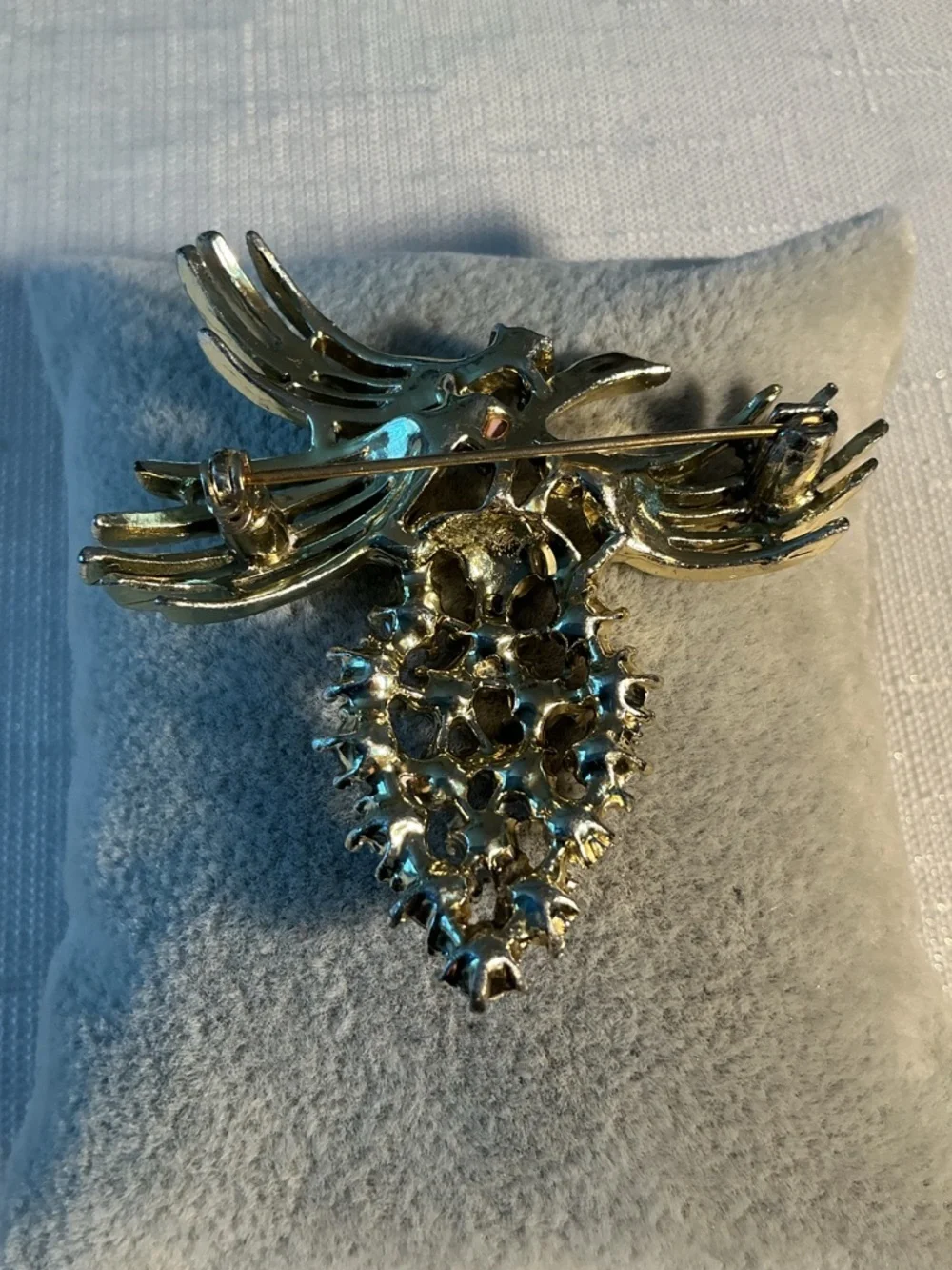 Hummingbird and Grape Aurora Borealis Gold Tone Brooch